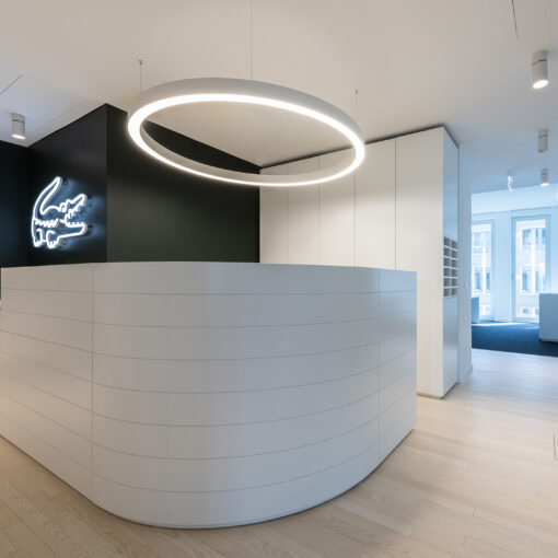 View on a reception area at the Lacoste HQ